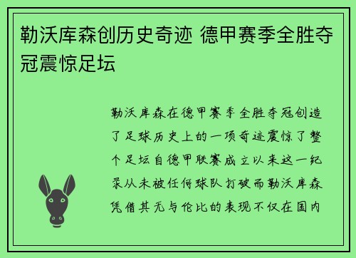 勒沃库森创历史奇迹 德甲赛季全胜夺冠震惊足坛