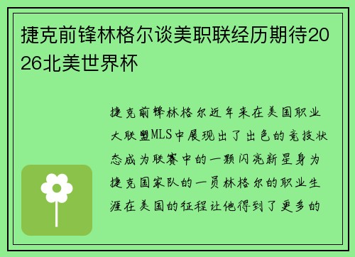 捷克前锋林格尔谈美职联经历期待2026北美世界杯